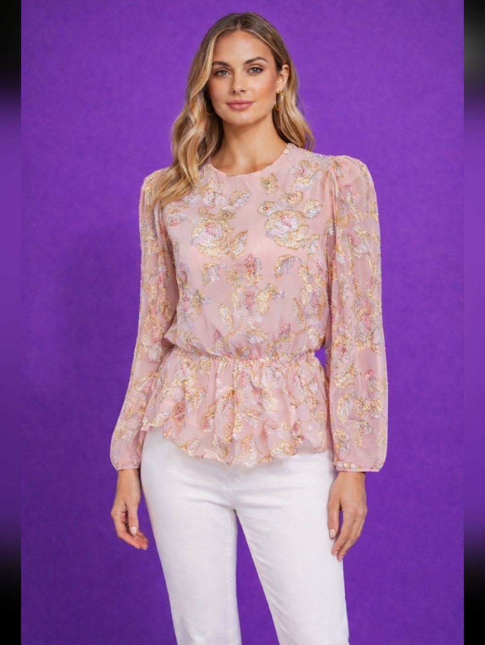 Patra Vintage Pink Metallic Flowers‎ Top